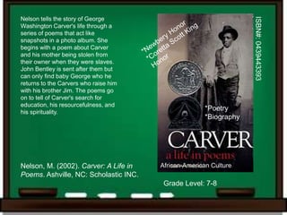 ISBN#: 0439443393
Nelson tells the story of George
Washington Carver's life through a
series of poems that act like
snapshots in a photo album. She
begins with a poem about Carver
and his mother being stolen from
their owner when they were slaves.
John Bentley is sent after them but
can only find baby George who he
returns to the Carvers who raise him
with his brother Jim. The poems go
on to tell of Carver's search for
education, his resourcefulness, and
his spirituality.
                                                     *Poetry
                                                     *Biography




Nelson, M. (2002). Carver: A Life in   African-American Culture
Poems. Ashville, NC: Scholastic INC.
                                        Grade Level: 7-8
 