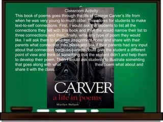 C
                               Classroom Activity
This book of poems goes through the life of George Carver’s life from
when he was very young to much older. This allows for students to make
text-to-self connections. First, I would ask the students to list all the
connections they felt with this book and then the would narrow their list to
three connections and then, finally, write any type of poem they would
like. I will ask them to take this assignment home and share with their
parents what connection they made and ask if their parents had any input
about that connection because partens could give the student a different
point of view and think of something that the student didn’t and help them
to develop their poem. Then I would ask students to illustrate somehting
that goes along with what                      their poem what about and
share it with the class.
 