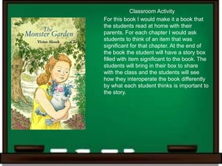 Classroom Activity
For this book I would make it a book that
the students read at home with their
parents. For each chapter I would ask
students to think of an item that was
significant for that chapter. At the end of
the book the student will have a story box
filled with item significant to the book. The
students will bring in their box to share
with the class and the students will see
how they interoperate the book differently
by what each student thinks is important to
the story.
 