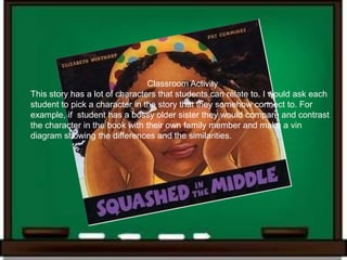 Classroom Activity
This story has a lot of characters that students can relate to. I would ask each
student to pick a character in the story that they somehow connect to. For
example, if student has a bossy older sister they would compare and contrast
the character in the book with their own family member and make a vin
diagram showing the differences and the similarities.
 