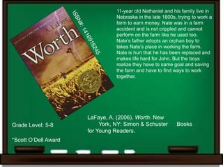 11-year old Nathaniel and his family live in
                                 Nebraska in the late 1800s, trying to work a
                                 farm to earn money. Nate was in a farm
                                 accident and is not crippled and cannot
                                 perform on the farm like he used too.
                                 Nate’s father adopts an orphan boy to
                                 takes Nate’s place in working the farm.
                                 Nate is hurt that he has been replaced and
                                 makes life hard for John. But the boys
                                 realize they have to same goal and saving
                                 the farm and have to find ways to work
                                 together.




                      LaFaye, A. (2006). Worth. New
Grade Level: 5-8           York, NY: Simon & Schuster       Books
                      for Young Readers.
*Scott O’Dell Award
 