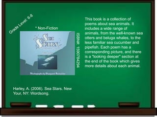 This book is a collection of
                                                        poems about sea animals. It
            * Non-Fiction                               includes a wide range of
                                                        animals, from the well-known sea




                                    ISBN#: 1590784294
                                                        otters and beluga whales, to the
                                                        less familiar sea cucumber and
                                                        pipefish. Each poem has a
                                                        corresponding picture, and there
                                                        is a "looking deeper" section at
                                                        the end of the book which gives
                                                        more details about each animal.




Harley, A. (2006). Sea Stars. New
Your, NY: Wordsong.
 