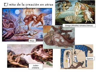 El mito de la creación en otras
culturas
Maya
Judeo-
cristiana
Egipcia
Griega (Afrodita) romana (Venus)
 