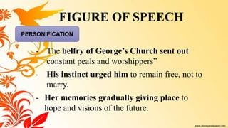 PERSONIFICATION
- The belfry of George’s Church sent out
constant peals and worshippers”
- His instinct urged him to remain free, not to
marry.
- Her memories gradually giving place to
hope and visions of the future.
FIGURE OF SPEECH
 