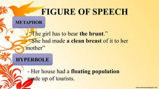 METAPHOR
- “The girl has to bear the brunt.”
- “She had made a clean breast of it to her
mother”
HYPERBOLE
- Her house had a floating population
made up of tourists.
FIGURE OF SPEECH
 