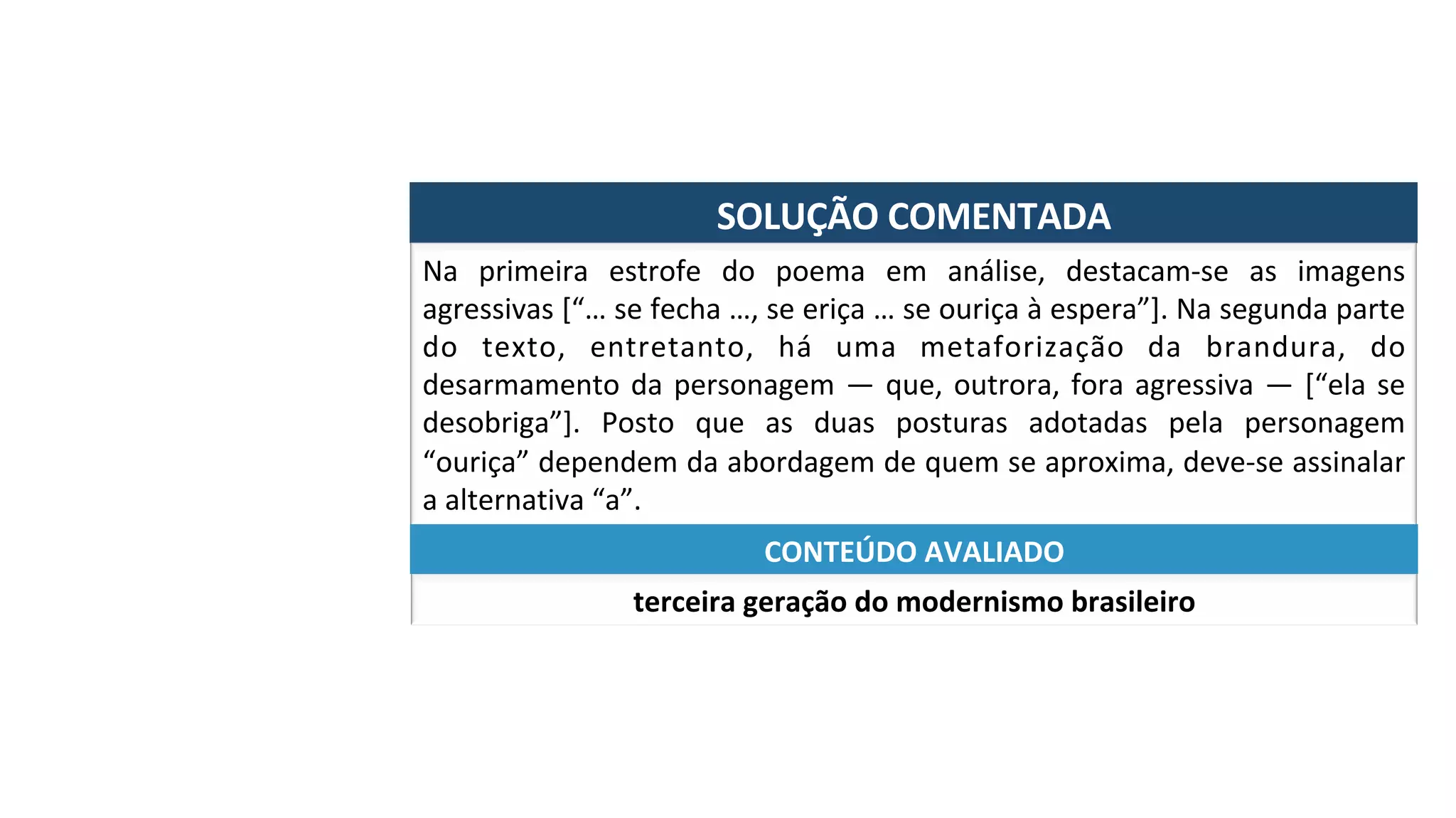 SOLUÇÃO	COMENTADA	
Na	 primeira	 estrofe	 do	 poema	 em	 análise,	 destacam-se	 as	 imagens	
agressivas	[“…	se	fecha	…,	se	eriça	…	se	ouriça	à	espera”].	Na	segunda	parte	
do	 texto,	 entretanto,	 há	 uma	 metaforização	 da	 brandura,	 do	
desarmamento	da	personagem	—	que,	outrora,	fora	agressiva	—	[“ela	se	
desobriga”].	 Posto	 que	 as	 duas	 posturas	 adotadas	 pela	 personagem	
“ouriça”	dependem	da	abordagem	de	quem	se	aproxima,	deve-se	assinalar	
a	alternativa	“a”.	
terceira	geração	do	modernismo	brasileiro	
CONTEÚDO	AVALIADO	
 