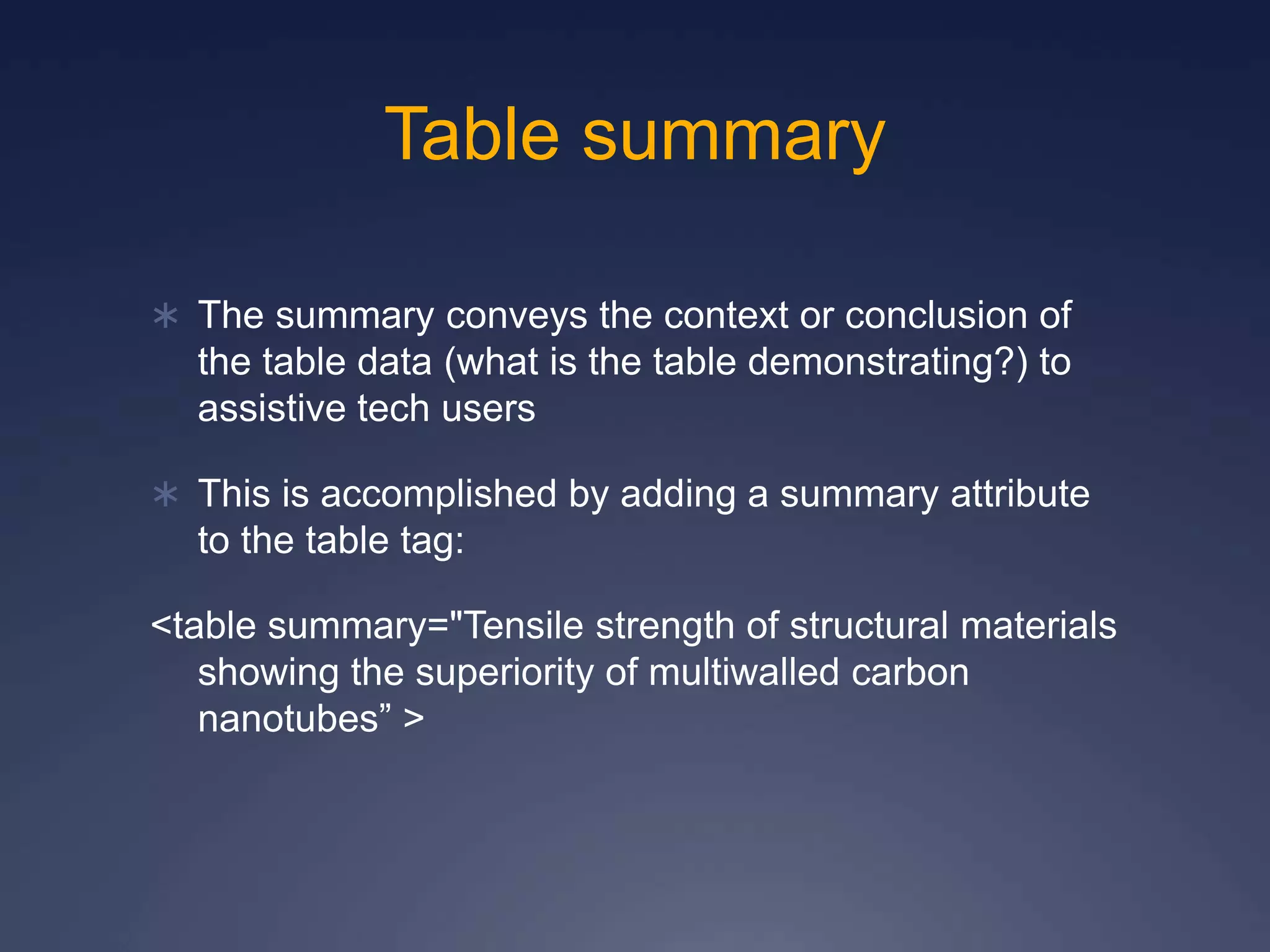 Table summary
 The summary conveys the context or conclusion of
the table data (what is the table demonstrating?) to
assistive tech users
 This is accomplished by adding a summary attribute
to the table tag:
<table summary="Tensile strength of structural materials
showing the superiority of multiwalled carbon
nanotubes” >
 
