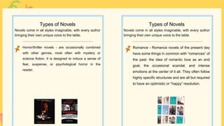 Romance - Romance novels of the present day
have some things in common with “romances” of
the past: the idea of romantic love as an end
goal, the occasional scandal, and intense
emotions at the center of it all. They often follow
highly specific structures and are all but required
to have an optimistic or “happy” resolution.
Types of Novels
Novels come in all styles imaginable, with every author
bringing their own unique voice to the table.
Horror/thriller novels - are occasionally combined
with other genres, most often with mystery or
science fiction. It is designed to induce a sense of
fear, suspense, or psychological horror in the
reader.
Types of Novels
Novels come in all styles imaginable, with every author
bringing their own unique voice to the table.
 