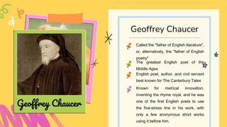 Called the "father of English literature",
or, alternatively, the "father of English
poetry"
English poet, author, and civil servant
best known for The Canterbury Tales
Known for metrical innovation,
inventing the rhyme royal, and he was
one of the first English poets to use
the five-stress line in his work, with
only a few anonymous short works
using it before him.
Geoffrey Chaucer
Geoffrey Chaucer
The greatest English poet of the
Middle Ages
 