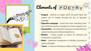 • Imagery – pictures or images which the poet makes the
readers see or imagine through the use of figurative
language
• Figurative language – words that mean something other
than what they denote. Examples are simile, metaphor, etc.
• Connotation – the attitudinal meanings of words that have
special meaning and emotional significance
• Rhythm – musical quality as words are stressed and
unstressed in a poetic line
• Meter – patterned arrangement of syllables according to
stress and length
• Theme – a sense of meaning or subject matter of the poem
E
P
Elements of
 