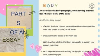 An essay includes body paragraphs, which develop the main
idea (thesis or claim) of the essay.
An effective body should:
• •Explain, illustrate, discuss, or provide evidence to support the
main idea (thesis or claim) of the essay;
• Discuss only one aspect of the main idea
• Work together with the other body paragraphs to support your
essay’s main idea;
• Work together with the other body paragraphs to create a
clear, cohesive paper
D
B
PART
S
OF AN
ESSAY
 
