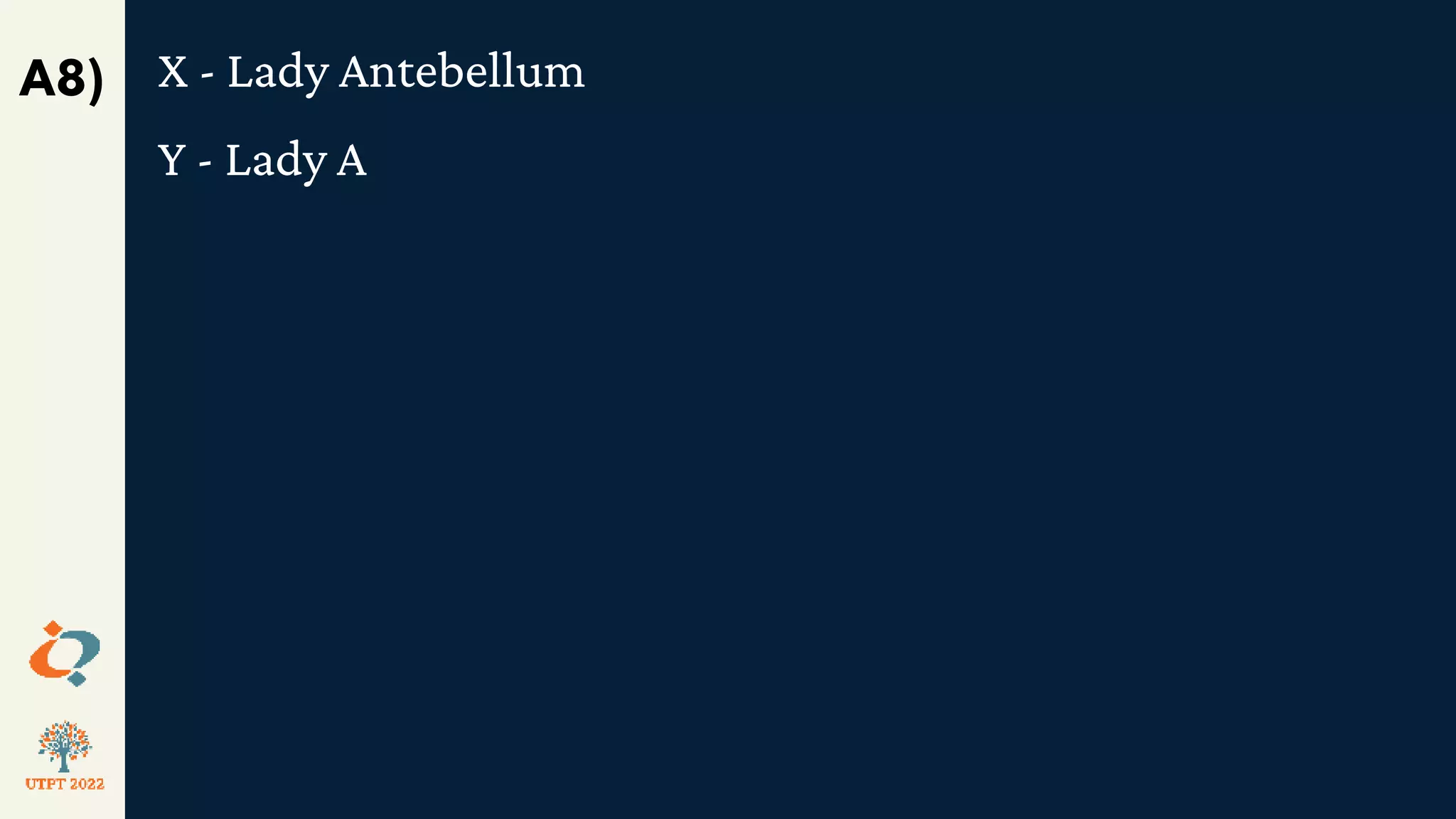 X - Lady Antebellum
Y - Lady A
A8)
 