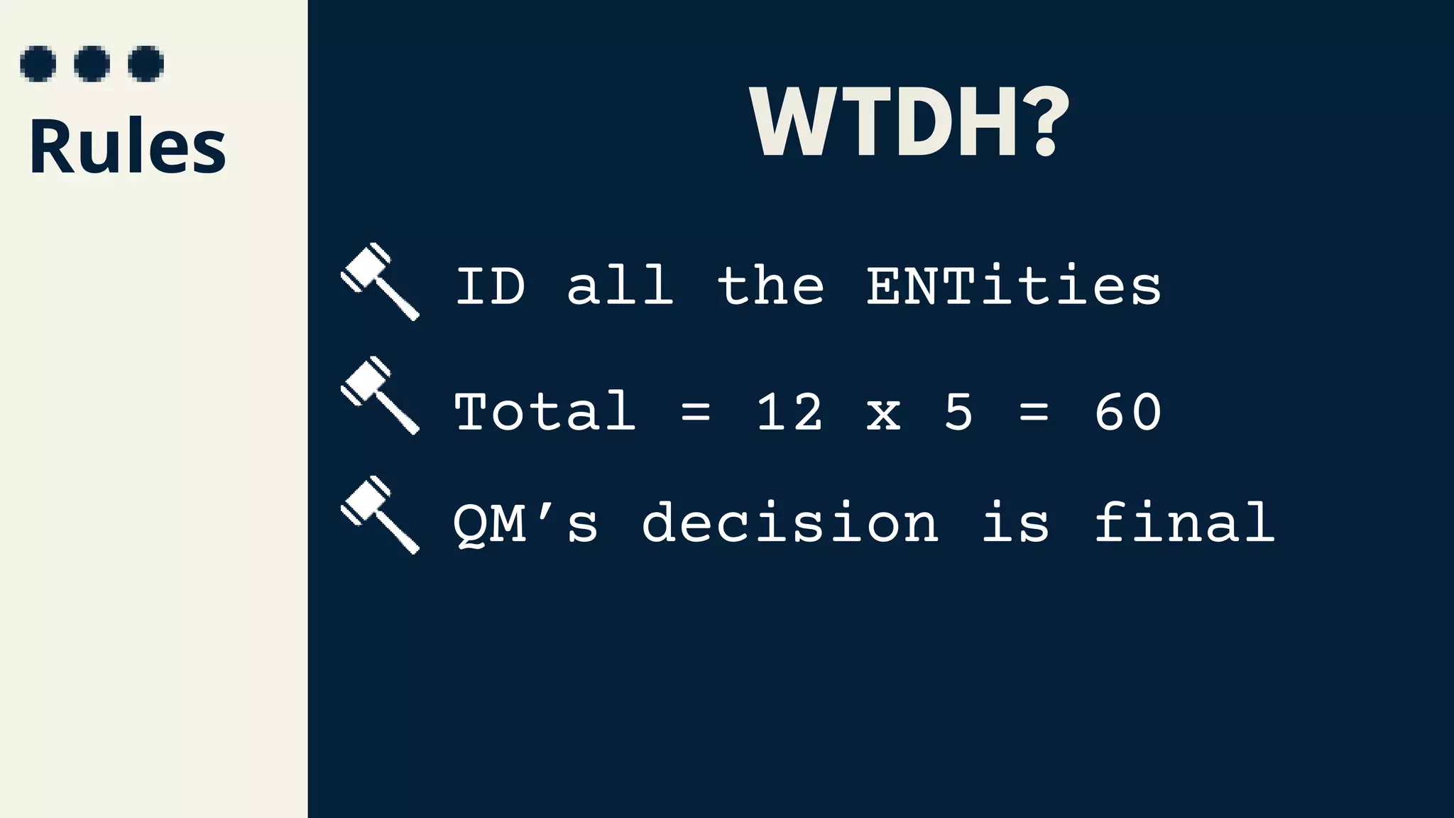 Rules
ID all the ENTities
Total = 12 x 5 = 60
QM’s decision is final
WTDH?
 