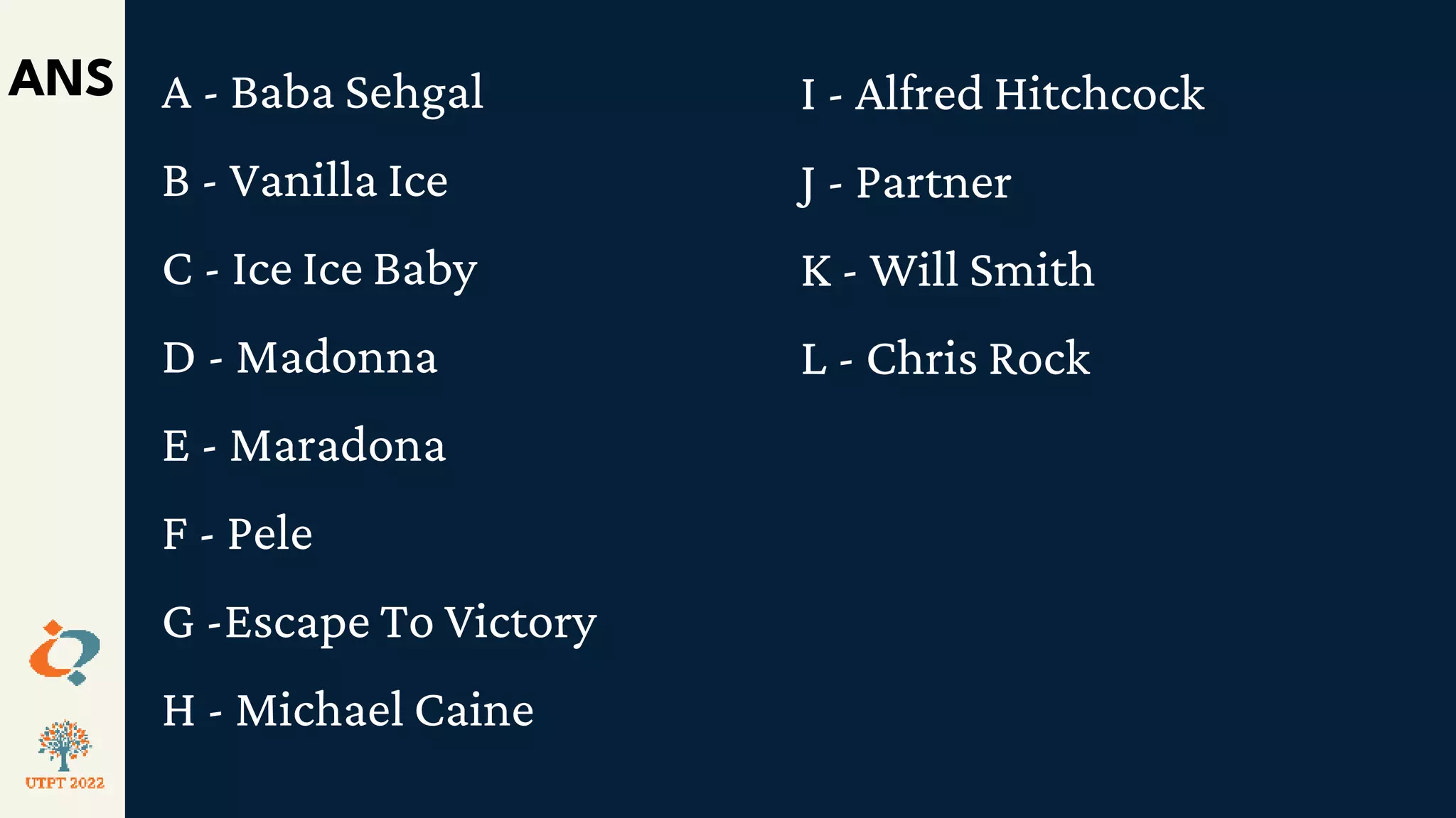 ANS A - Baba Sehgal
B - Vanilla Ice
C - Ice Ice Baby
D - Madonna
E - Maradona
F - Pele
G -Escape To Victory
H - Michael Caine
I - Alfred Hitchcock
J - Partner
K - Will Smith
L - Chris Rock
 