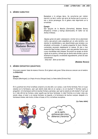 I BIM – LITERATURA – 1ER. AÑO
D. GÉNERO NARRATIVO
Reemplaza a la antigua épica. Se caracteriza por relatar
(narrar), es decir contar una serie de hechos que le ocurren a
uno o varios personajes. Es el género más importante en la
actualidad.
Ejemplo:
Don Quijote de la Mancha (Cervantes), Madame Bovary
(Flaubert); Crimen y Castigo (Dostoievski), El Señor de los
Anillos (Tolkien).
Algunas gotas de sudor comenzaron a brotar de su amoratado
rostro, que parecía como empañado por un vaho metálico. Los
dientes le castañetaban y sus desorbitados ojos miraban a su
alrededor extraviados. A cuantas preguntas le hacía Charles,
contestaba moviendo simplemente la cabeza. En dos o tres
momentos llegó incluso a sonreir, pero sus gemidos fueron poco
a poco haciéndose más intensos. De pronto se escapo un sordo
rugido de su pecho y afirmó que se sentía más aliviada y que se
levantaría en seguida, exclamando seguidamente, presa de unas
convulsiones:
- ¡Dios mío! ¡Esto es horrible!
(Madame Bovary)
E. GÉNERO EXPOSITIVO (DIDÁCTICO)
Sirve para exponer ideas de manera literaria. Es el género más joven. Estas obras se conocen con el nombre
de ENSAYOS.
Ejemplo:
Ensayos (Montaigne), La Utopia Arcaica (Vargas Llosa), La llama doble (Octavio Paz).
En la juventud nos atrae la belleza corporal y se ama sólo a un cuerpo, a una forma hermosa. Pero si lo que
amamos es la hermosura, ¿por qué amarla nada más en un cuerpo y no en muchos? Y Diotima vuelve a
preguntar: si la hermosura está en muchas formas y personas, ¿por qué no amarla en ella misma? ¿Y por qué
no ir más allá de las formas y amar aquello que las hace hermosas: la idea? Diotima ve al amor como una
escala: abajo, el amor a un cuerpo hermoso; en seguida, a la hermosura de muchos cuerpos; después a la
hermosura misma; más tarde, al alma virtuosa; al fin, a la belleza incorpórea.
(La llama doble)
125
¡ Ah !
ya la capto,
entonces son cinco
Géneros Literarios
 