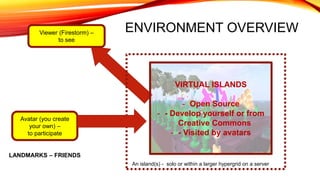 ENVIRONMENT OVERVIEW
An island(s) - solo or within a larger hypergrid on a server
Viewer (Firestorm) –
to see
Avatar (you ...