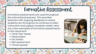 Formative Assessment
Formative assessments are used throughout
the instructional process. This provides
teachers with ongoing feedback to where
students are throughout to continue to tailor
instruction and support students needs. Here
are a few examples of formative assessments
in the classroom
Think-Pair-Share
Observation
Exit tickets
Self assessment
Virtual quizzes
 