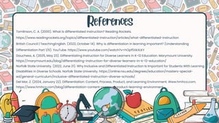 References
Tomlinson, C. A. (2000). What is differentiated instruction? Reading Rockets.
https://www.readingrockets.org/topics/differentiated-instruction/articles/what-differentiated-instruction
British Council | TeachingEnglish. (2022, October 14). Why is differentiation in learning important? (Understanding
Differentiation Part 1/6). YouTube. https://www.youtube.com/watch?v=hOpf5XkXLKY
‌
Dauchess, A. (2025, May 23). Differentiating Instruction for Diverse Learners in K-12 Education. Marymount University.
https://marymount.edu/blog/differentiating-instruction-for-diverse-learners-in-k-12-education/
‌
Norfolk State University. (2022, June 21). Why Inclusive and Differentiated Instruction Is Important for Students With Learning
Disabilities in Diverse Schools. Norfolk State University. https://online.nsu.edu/degrees/education/masters-special-
ed/general-curriculum/inclusive-differentiated-instruction-diverse-schools/
‌
Del Mar, Z. (2024, January 22). Differentiation: Content, Process, Product, and Learning Environment. Www.hmhco.com.
https://www.hmhco.com/blog/differentiation-content-process-product-learning-environment
 