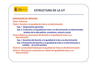 ESTRUCTURA DE LA LIT

EXPOSICIÓN DE MOTIVOS 
Título  Preliminar
Título I  Derecho a la igualdad de trato y no discriminación
     Cap. I   Disposiciones generales
     Cap. II  El derecho a la igualdad de trato y no discriminación en determinados
               ámbitos de la vida política, económica, cultural y social
Título II Defensa y promoción del derecho a la igualdad de trato y no 
    discriminación
     Cap. I  Garantías del derecho a la igualdad de trato y no discriminación
     Cap. II Promoción del derecho a la igualdad de trato y no discriminación y 
              medidas    de acción positiva
Título III  La Autoridad Estatal para la Igualdad de Trato y la No Discriminación 
Título IV  Infracciones y sanciones en materia de igualdad de trato y no 
    discriminación 



                                                                                      6
 