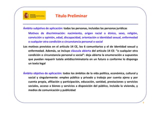 Título Preliminar

Ámbito subjetivo de aplicación: todas las personas, incluidas las personas jurídicas
    Motivos  de  discriminación:  nacimiento,  origen  racial  o  étnico,  sexo,  religión, 
    convicción u opinión, edad, discapacidad, orientación o identidad sexual, enfermedad 
    o cualquier otra condición o circunstancia personal o social
Los  motivos  previstos  en  el  artículo  14  CE,  los  6  comunitarios  y  el  de  identidad  sexual  y 
     enfermedad. Además, se incluye cláusula abierta del artículo 14 CE: “o cualquier otra 
     condición o circunstancia personal o social”: deja abierta la enumeración a supuestos 
     que puedan  requerir tutela antidiscriminatoria en  un  futuro  o  conforme  lo  disponga 
     un texto legal


Ámbito objetivo de aplicación: todos los ámbitos de la vida política, económica, cultural y 
  social  y  singularmente:  empleo  público  y  privado  y  trabajo  por  cuenta  ajena  y  por 
  cuenta propia, afiliación  y participación, educación, sanidad, prestaciones y servicios 
  sociales,  acceso  a  bienes  y  servicios  a  disposición  del  público,  incluida  la  vivienda,  y 
  medios de comunicación y publicidad



                                                                                                             7
 
