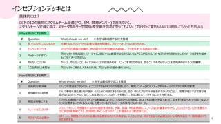 インセプションデッキとは
4
具体的には？
以下の10の質問にスクラムチーム全員(PO、SM、開発メンバー)で答えていく。
スクラムチーム全員に加え、ステークホルダーや関係者全員を含めてやってもよい。(プロダクトに愛がある人には参加してもらった方がいい)
Whyを明らかにする質問
Howを明らかにする質問
# Question What should we do? ※赤字は最低限やることを推奨
1 我々はなぜここにいるのか 対象となるプロジェクトが必要な理由を明確化。プロジェクトゴールのすり合わせ。
2 エレベーターピッチ プロダクトの価値を明確化。他の何かとの差別要因も明確し、プロダクトをつくる理由を共有。
3 パッケージデザイン
プロジェクトの完成図をイメージする。図にすると言葉では伝わらないニュアンスが伝わる。コンセプトのすり合わせとしてイメージロゴを作成す
るようなイメージが近い。
4 やらないことリスト やること、やらないこと、あとで決めることの認識あわせ。スコープをすり合わせる。やることよりもやらないことを認識あわせすることが重要。
5 「ご近所さん」を探せ プロジェクトに関わる人たちの共有。プロジェクトの全体像をつかむ。
# Question What should we do? ※赤字は最低限やることを推奨
1 技術的な解決策 どのような技術をつかうのか、どこにリスクがありそうなのかを話し合う。開発メンバーとPO(ステークホルダー)とのリスクの共有が重要。
2 夜も眠れない問題
どういう事態を最も避けるべきか、そのために何ができるのかを話し合う。作ったプロダクトが使われなかったらつらい、残業が増えすぎて寝る時
間がなくなったらつらい、など、これは避けたいというポイントを挙げて、対応策としてできそうなことを共有する。
3 期間を明確にする
どれくらいの期間でプロジェクトゴールを達成しようとしているのかを共有する。あくまでも目標や予定であって、必ずそうするべきという話ではない
ことに注意する。こうなるといいな、と思っているマイルストーンの共有くらいのイメージ。
4 トレードオフスライダー
プロジェクトとして何を優先するのかの指針を決める。予算、品質、時間(納期)、スコープなどの基準の中から、プロジェクトとしてどれを最も大
切にするかを明確にする。原則同じポイントはつけず、上下関係をはっきりさせておく。
5 何がどれだけ必要か
コスト、人、期間をどれれだけ必要とする想定なのかを共有する。人については、何ができる人が必要なのかを共有することで、期待値のすり
合わせをする。
 