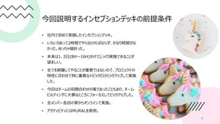 今回説明するインセプションデッキの前提条件
• 社内で初めて実施したインセプションデッキ。
• いろいろあって2時間でやらなければならず、かなり時間がな
かった。めっちゃ端折った。
• 本来は1、2日(8H～16H)かけてじっくり実施できることが
望ましい。
• 全てを網羅してやることが重要ではないので、プロジェクトの
特性に合わせて特に重要なトピックだけピックアップして実施
した。
• 今回はチームの初顔合わせの場であったこともあり、チーム
ビルディングに大事なところにフォーカスしてピックアップした。
• 全メンバー各自の家からオンラインで実施。
• アクティビティにはMURALを使用。
5
 