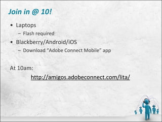 Join in @ 10!
• Laptops
  – Flash required
• Blackberry/Android/iOS
  – Download “Adobe Connect Mobile” app


At 10am:
       http://amigos.adobeconnect.com/lita/
 
