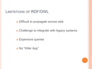 LIMITATIONS OF RDF/OWL

        Difficult to propagate across web

        Challenge to integrate with legacy systems

        Expensive queries

        No “Killer App”
 