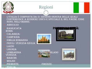 RegioniL’Italia è composta da 21 regioni ognuna delle quali contribuisce a rendere unico e speciale il Bel Paese. Esse sono, nell’ordine:AbruxxoBasilicata                                                 Principali città:                    Roma  Calabria:       CampaniaEmilia RomagnaFriuli- Venezia GiuliaLazioLiguriaLombardia                                            Milano                                                Venezia MarcheMolisePiemonte                                    Firenze PugliaSardegna / Sicilia/ Toscana / Trentino Alto Adige/ Umbria/ Valle  d’Aosta/ Veneto 