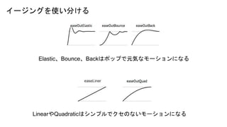 イージングを使い分ける
Elastic、Bounce、Backはポップで元気なモーションになる
LinearやQuadraticはシンプルでクセのないモーションになる
 