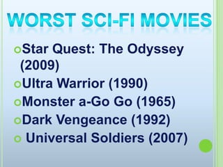 Star Quest: The Odyssey (2009) Ultra Warrior (1990) Monster a-Go Go (1965) Dark Vengeance (1992) Universal Soldiers (2007)Worst Sci-Fi Movies
