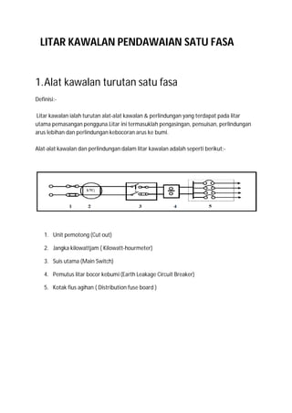 LITAR KAWALAN PENDAWAIAN SATU FASA


1. Alat kawalan turutan satu fasa
Definisi:-

Litar kawalan ialah turutan alat-alat kawalan & perlindungan yang terdapat pada litar
utama pemasangan pengguna.Litar ini termasuklah pengasingan, pensuisan, perlindungan
arus lebihan dan perlindungan kebocoran arus ke bumi.

Alat-alat kawalan dan perlindungan dalam litar kawalan adalah seperti berikut:-




    1. Unit pemotong (Cut out)

    2. Jangka kilowattjam ( Kilowatt-hourmeter)

    3. Suis utama (Main Switch)

    4. Pemutus litar bocor kebumi (Earth Leakage Circuit Breaker)

    5. Kotak fius agihan ( Distribution fuse board )
 