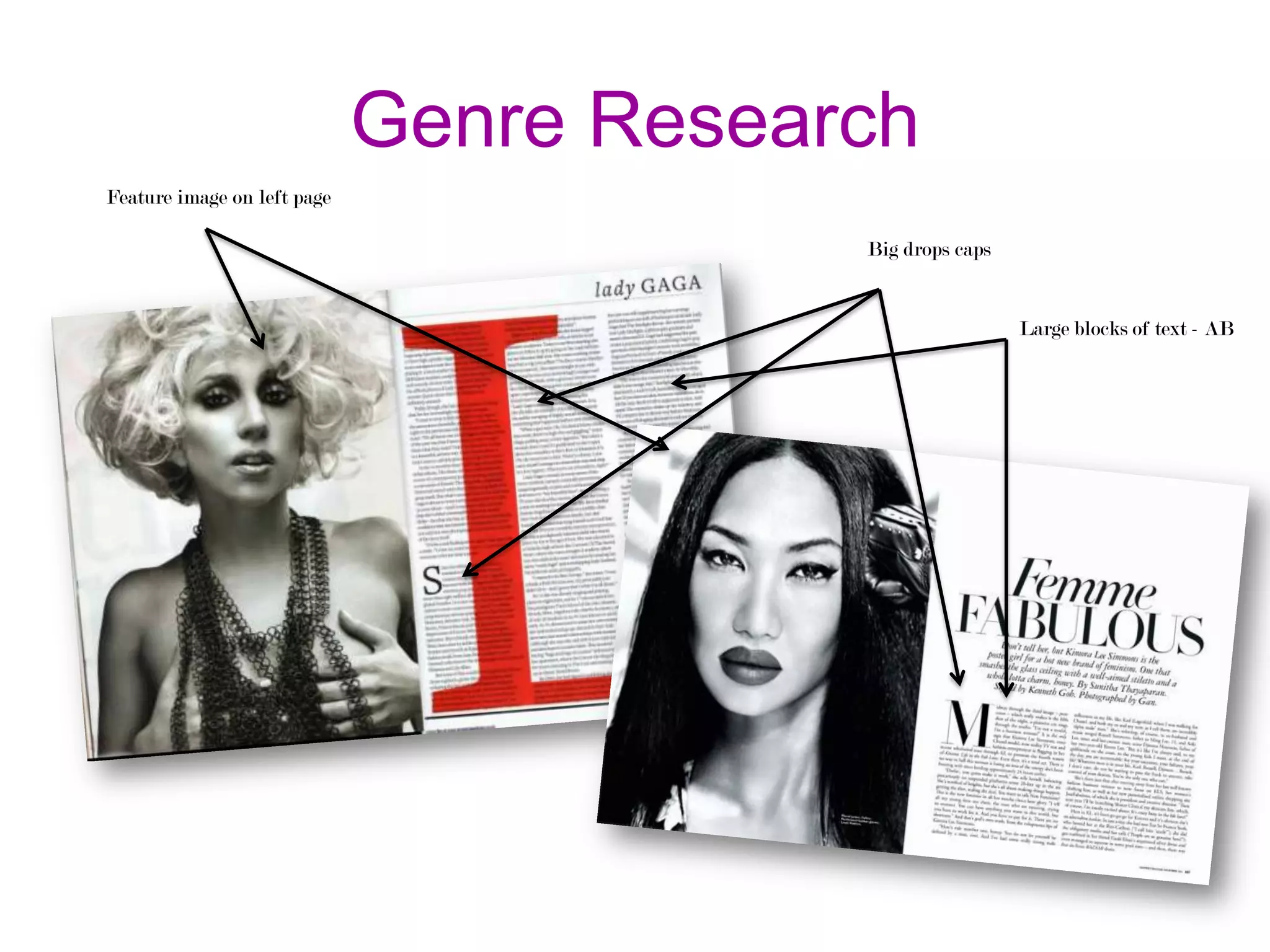 Genre Research
Feature image on left page
Big drops caps

Large blocks of text - AB

 