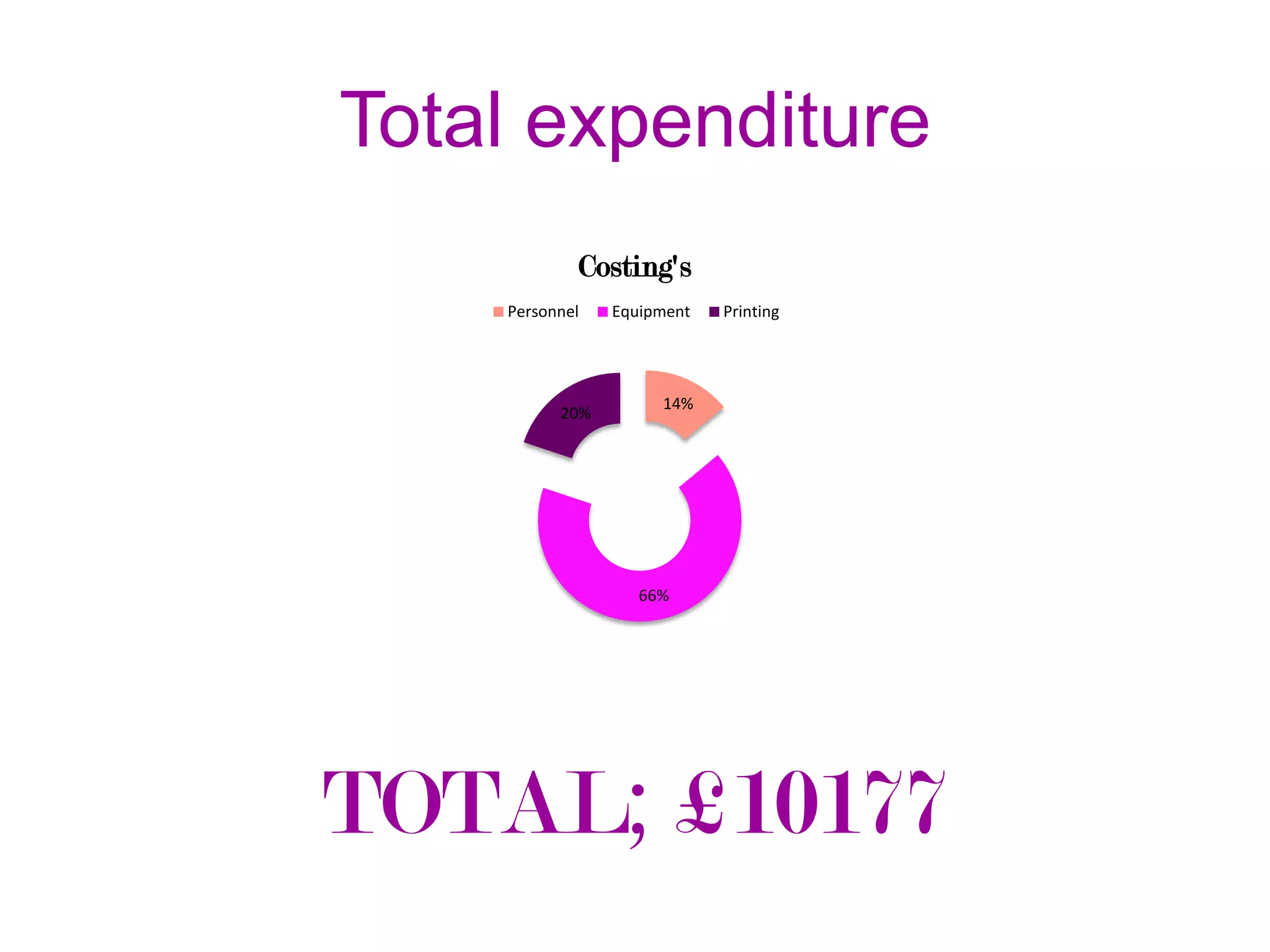 Total expenditure
Costing's
Personnel

20%

Equipment

Printing

14%

66%

TOTAL; £10177

 