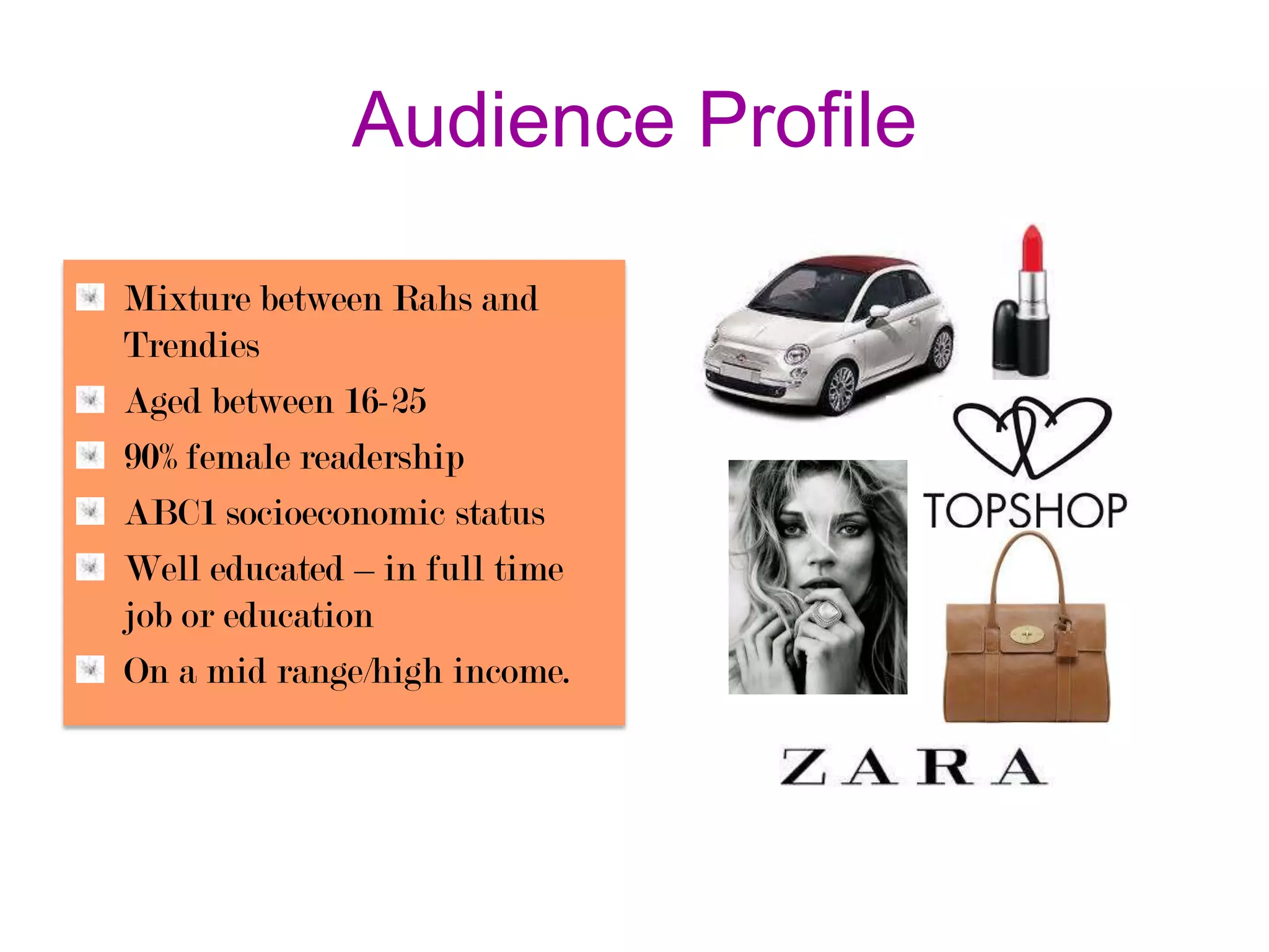 Audience Profile
Mixture between Rahs and
Trendies
Aged between 16-25
90% female readership
ABC1 socioeconomic status
Well educated – in full time
job or education
On a mid range/high income.

 