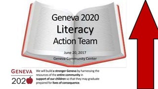 Geneva2020
Literacy
ActionTeam
June 20, 2017
Geneva Community Center
We will build a stronger Geneva by harnessing the
resources of the entire community in
support of our children so that they may graduate
prepared for lives of consequence.
 
