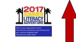 What is your organization’s plan?
How will you incorporate more literacy into
your summer programming?
How will you collect data?
 