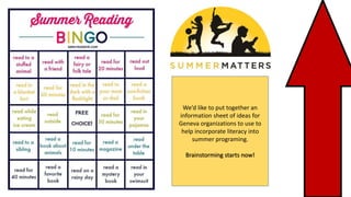 We’d like to put together an
information sheet of ideas for
Geneva organizations to use to
help incorporate literacy into
summer programing.
Brainstorming starts now!
 