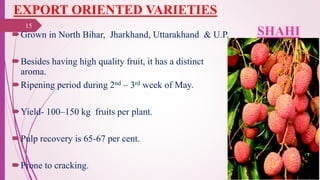 EXPORT ORIENTED VARIETIES
Grown in North Bihar, Jharkhand, Uttarakhand & U.P.
Besides having high quality fruit, it has a distinct
aroma.
Ripening period during 2nd – 3rd week of May.
Yield- 100–150 kg fruits per plant.
Pulp recovery is 65-67 per cent.
Prone to cracking. 25-10-2016
15
SHAHI
 