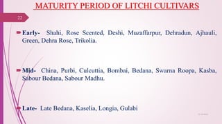MATURITY PERIOD OF LITCHI CULTIVARS
Early- Shahi, Rose Scented, Deshi, Muzaffarpur, Dehradun, Ajhauli,
Green, Dehra Rose, Trikolia.
Mid- China, Purbi, Culcuttia, Bombai, Bedana, Swarna Roopa, Kasba,
Sabour Bedana, Sabour Madhu.
Late- Late Bedana, Kaselia, Longia, Gulabi
25-10-2016
22
 