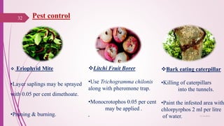 Pest control32
25-10-2016
. Eriophyid Mite
•Layer saplings may be sprayed
with 0.05 per cent dimethoate.
•Pruning & burning.
Litchi Fruit Borer
•Use Trichogramma chilonis
along with pheromone trap.
•Monocrotophos 0.05 per cent
may be applied .
Bark eating caterpillar
•Killing of caterpillars
into the tunnels.
•Paint the infested area with
chlorpyrphos 2 ml per litre
of water.
 