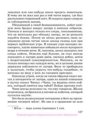 127
ловушки или как-нибудь иначе вредить животным.
К тому же он жил как раз в той части парка, где был
расположен сторожевой пост. И солдаты зорко следили
за соблюдением закона.
Убеждённый в своей безнаказанности, койот каж-
дую ночь бродил вокруг лагеря в поисках отбросов.
Сначала я находил только его следы, показывавшие,
что он несколько раз обходил лагерь, но не решался
подойти ближе. Потом он на́чал распевать свою за-
унывную песню тотчас после захода солнца или при
первых про́блесках утра. Я каждое утро выходил по-
смотреть, какие животные побывали около мусорного
ведра в течение ночи. И, наконец, начал находить там
следы койота. Осмелев ещё больше, он стал иногда
подходить к лагерю даже днём, сначала робко, затем
с возрастающей самоуверенностью. Наконец, он не
только посещал нас каждую ночь, но и целыми днями
держался поблизости от лагеря. Волк то пробирался
к палаткам, чтобы украсть что-нибудь съедобное, то
восседал на виду у всех на соседнем пригорке.
Однажды утром, когда он таким образом сидел ша-
гах в пятидесяти от лагеря, один из нашей компании
в шутку сказал Чинку: «Чинк, ты видишь этого кой-
ота, который смеётся над тобой? Пойди прогони его!»
Чинк всегда исполнял то, что ему говорили. Желая
отличиться, он бросился в погоню за койотом, который
пустился наутёк.
Это было великолепное состязание в беге на протя-
жении четверти ми́ли1
. Но оно и в сравнение не шло
1
 Ми́ля — мера длины (примерно 1 км).
Правообладатель Национальный институт образования
 