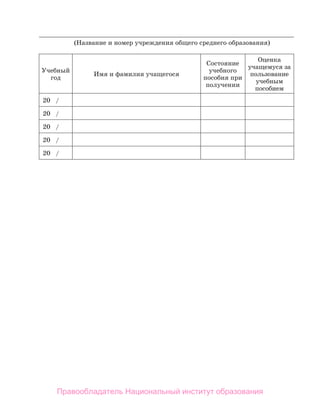 (Название и номер учреждения общего среднего образования)
Учебный
год
Имя и фамилия учащегося
Состояние
учебного
пособия при
получении
Оценка
учащемуся за
пользование
учебным
пособием
20 /
20 /
20 /
20 /
20 /
Правообладатель Национальный институт образования
 