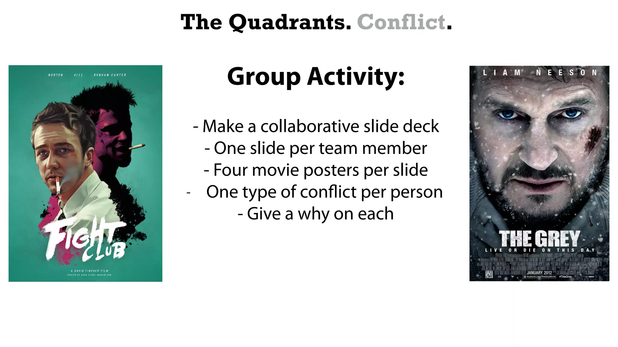 The Quadrants. Conflict.
Group Activity:
- Make a collaborative slide deck
- One slide per team member
- Four movie posters per slide
- One type of conflict per person
- Give a why on each
 