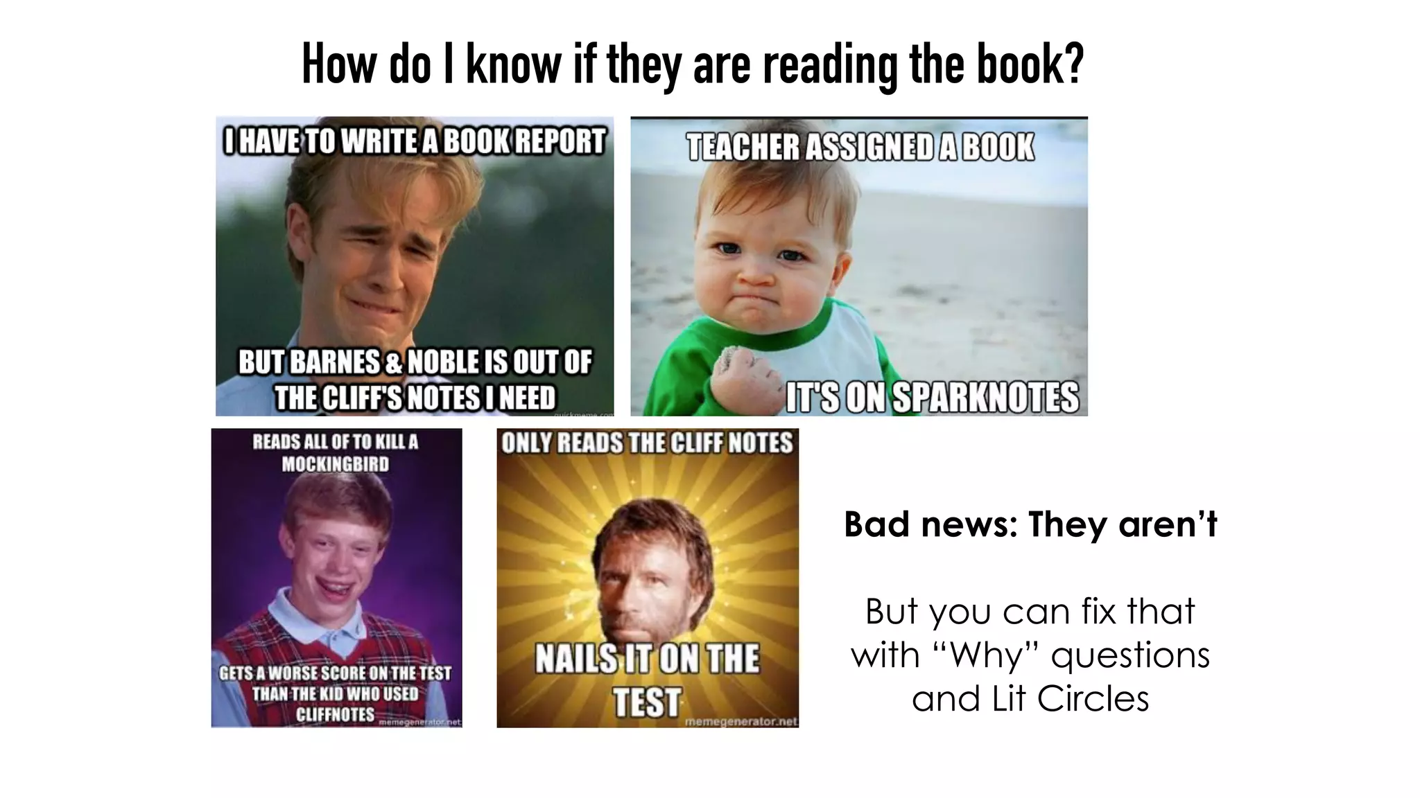 How do I know if they are reading the book?
Bad news: They aren’t
But you can fix that
with “Why” questions
and Lit Circles
 