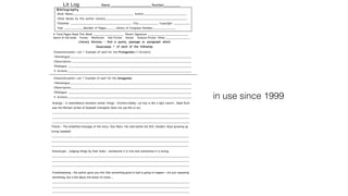 Lit Log Name ___________________ Number________
Book Name__________________________________ Author________________________
Other Books by this author (series)______________________________________________
Publisher __________________________________ City___________ Copyright _________
Year ___________Number of Pages_____ Library of Congress Number_____________
Bibliography
Literary Devices - find a quote, passage or paragraph which
illustrates 1 of each of the following:
Characterization- List 1 Example of each for the Protagonist(///Actions)
1Monologue___________________________________________________________________
2Description__________________________________________________________________
3Dialogue ____________________________________________________________________
4 Actions_____________________________________________________________________
Analogy - A resemblance between similar things - Kitchen=Galley, car key is like a light switch , Babe Ruth
was the Michael Jordan of baseball (metaphor does not use like or as)
___________________________________________________________________________
___________________________________________________________________________
___________________________________________________________________________
Theme - The simplified message of the story: Star Wars- the Jedi battle the Sith, Sandlot- Boys growing up
loving baseball.
___________________________________________________________________________
___________________________________________________________________________
___________________________________________________________________________
Stereotype - Judging things by their looks - sometimes it is true and sometimes it is wrong.
___________________________________________________________________________
___________________________________________________________________________
___________________________________________________________________________
Foreshadowing - the author gives you hint that something good or bad is going to happen - not just repeating
something, but a hint about the action to come....
___________________________________________________________________________
___________________________________________________________________________
___________________________________________________________________________
• Total Pages Read This Week _________________ Parent Signature _______________________
Genre of the book: Fiction Nonfiction Hist Fiction Humor Science Fiction Other ______________
Characterization- List 1 Example of each for the Antagonist
1Monologue___________________________________________________________________
2Description__________________________________________________________________
3Dialogue ____________________________________________________________________
4 Actions_____________________________________________________________________ in use since 1999
 