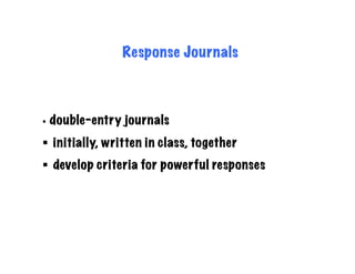 Response Journals
!  double-entry journals
!  initially, written in class, together
!  develop criteria for powerful responses
 