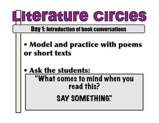 Day 1: Introduction of book conversations	
•	Model	and	practice	with	poems	
or	short	texts	
•	Ask	the	students:	
“What comes to mind when you
read this?
SAY SOMETHING.”
 