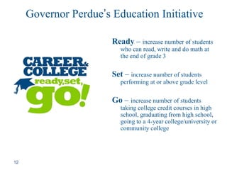 Governor Perdue’s Education Initiative12Ready – increase number of students who can read, write and do math at the end of grade 3Set – increase number of students performing at or above grade levelGo – increase number of students taking college credit courses in high school, graduating from high school, going to a 4-year college/university or community college