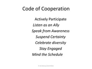 Code of Cooperation		Actively ParticipateListen as an Ally	Speak from Awareness	Suspend Certainty	Celebrate diversity	Stay Engaged   Mind the ScheduleK-12 Literacy Committee